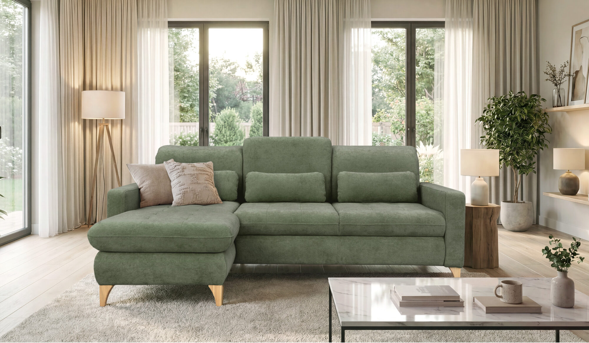 Ecksofa Nice L-Form, mit Schlaffunktion und Bettkasten – Recamiere links oder rechts