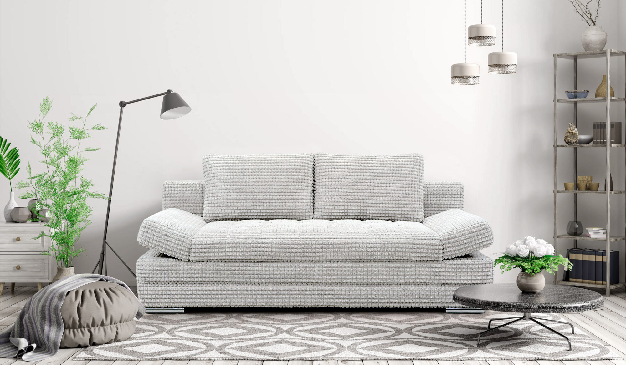Schlafsofa Barni 3-Sitzer mit Bettfunktion, Bettkasten, Armteilverstellung & Bezug aus Hochflorigem Strukturstoff Suzi
